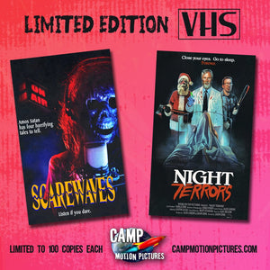 CAMP MOTION PICTURES Releases Two Horror Anthologies on Limited Edition Slipcase VHS with SCAREWAVES and NIGHT TERRORS! PLUS! Fresh VHS Releases for CANNIBAL CAMPOUT & WOODCHIPPER MASSACRE Announced!