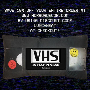 HORROR DECOR Now Offers Their VHS PILLOW in a Rainbow of Colors! PLUS! A Bunch of New VHS-Centric Home Goodies! Click for Details and an EXCLUSIVE LUNCHMEAT DISCOUNT CODE!